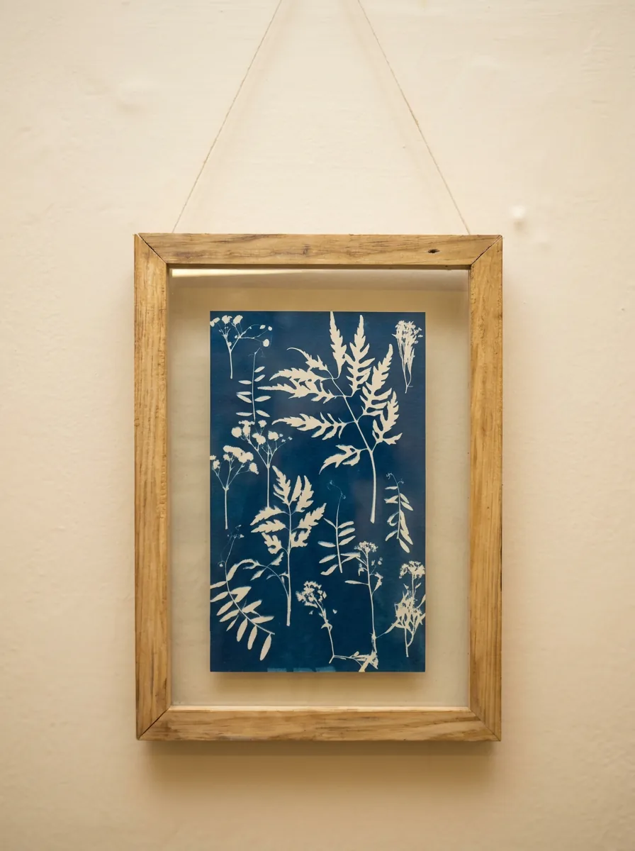 Framed cyanotype botanical print of pressed ferns and wildflowers, hand-made for the café's walls
